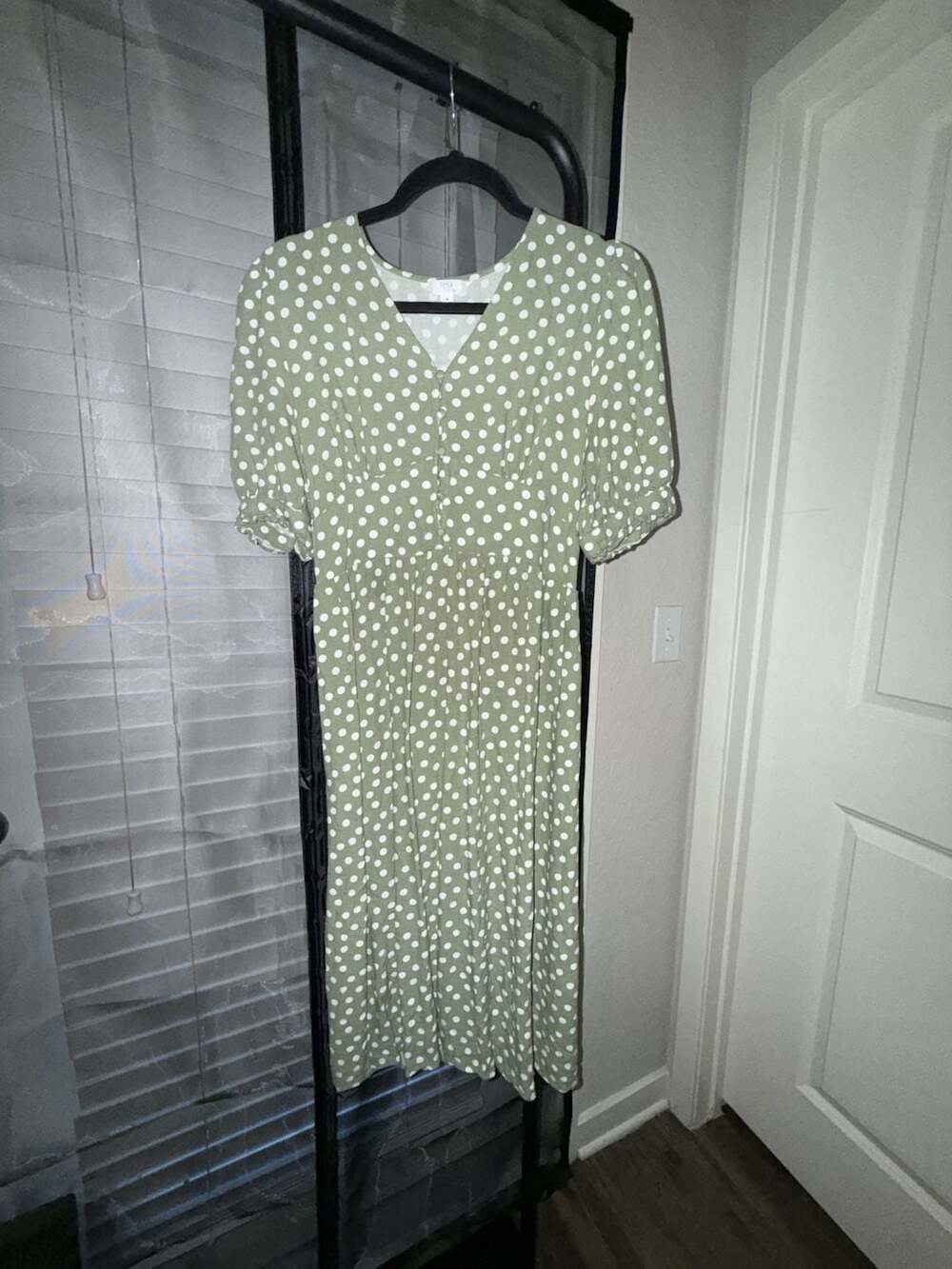 Time and Tru Sage Green Polka Dot V-Neck Midi Dress
